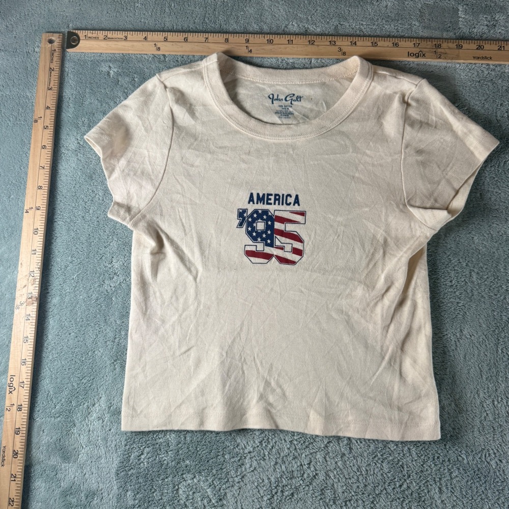 John Galt Brandy Melville America 95 Graphic Baby Tee Cream Cotton Crop Top OS